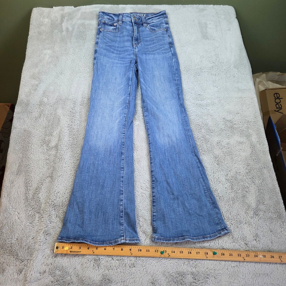 American Eagle Super Hi-Rise Flare Jeans Womens 0 Next Level Stretch Blue Denim